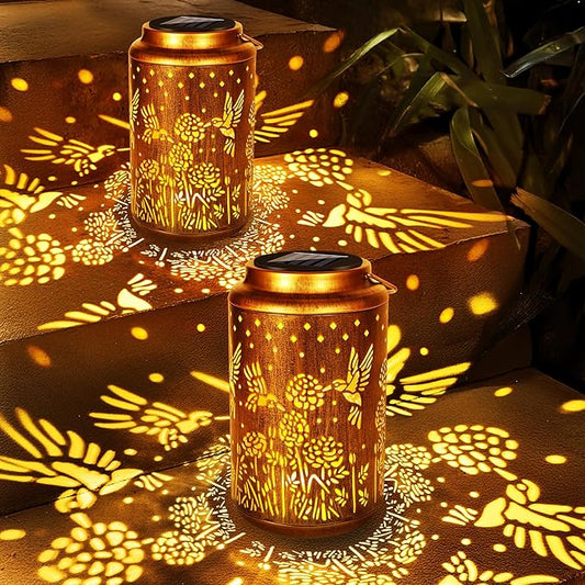 Brizled Hummingbird Solar Lantern Lights, 2 Pack LED Hollow Out Hanging Lantern Lights Outdoor, Warm White Solar Garden Light Decorative Retro Metal Outdoor Lighting for Garden Patio Courtyard Path