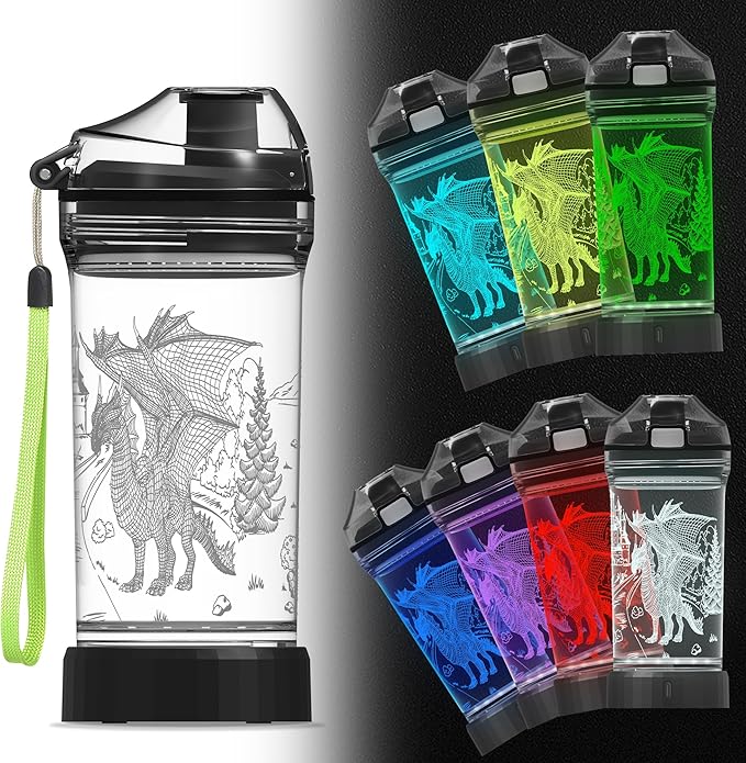 Ammonite Dragon Kids Water Bottle with 3D Glowing LED Light - 14 OZ Tritan BPA Free - Creative Ideal Travel Cup Gift for School Kid Boy Child Holiday Camping Picnic