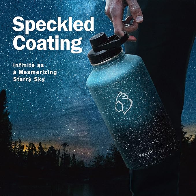 BUZIO Water Bottle with Straw lid, Spout Lid, Hand Lid and Carrying Pouch, 32oz 40oz 64oz Stainless Steel Water Flask Jug, Cold for 48 Hrs Hot for 24 Hrs Double Vacuum Thermo Canteen Mug, BPA-Free