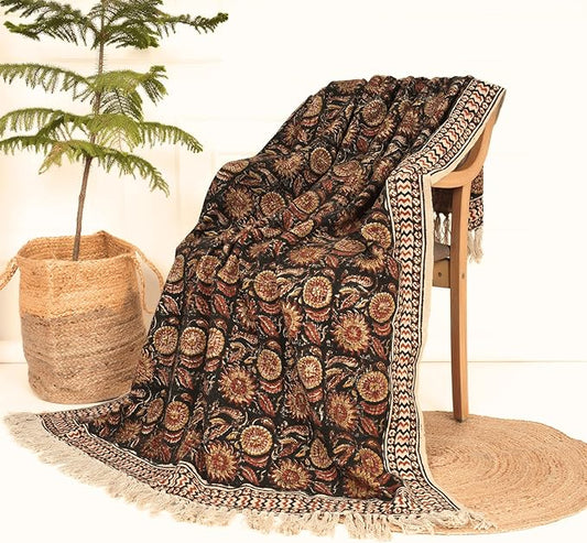 Bohemian Mud Cloth Handmade Throw with Tassels - 120x180 CM Handblock Printed Floral Cotton Blanket, Soft Handloom Sofa Throw for Living Room, Bed, Couch & Home Décor