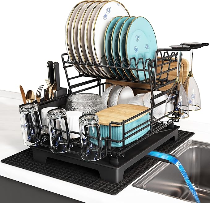 BOOSINY 2 Tier Black Large Stainless Steel Dish Drainers Drying Rack for Kitchen Counter with Drainboard, Rust Proof Metal, Space Saving, Modern Aesthetic, Compact Plates Strainers with Extra Mat