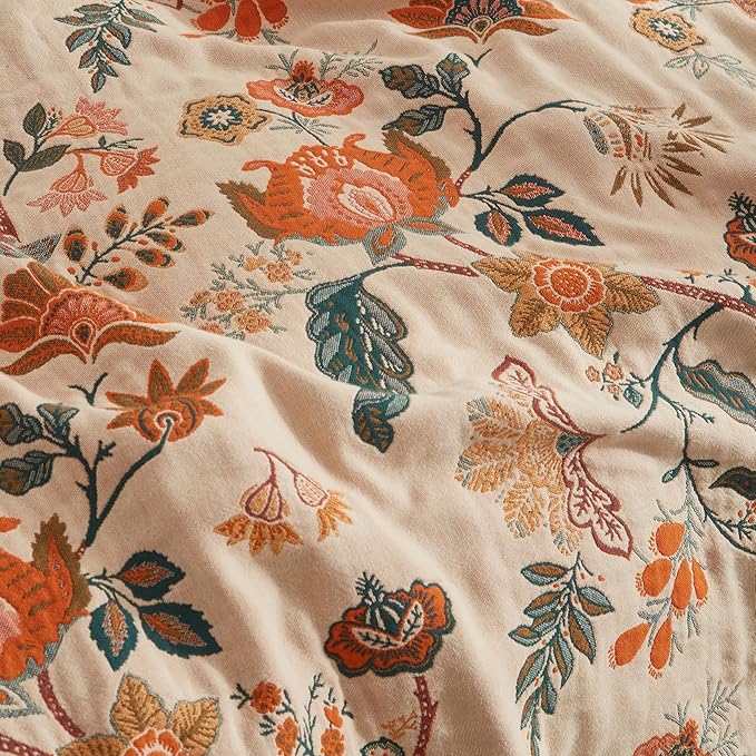 Boho Throw Blanket for Bed 90”x98”, 100% Cotton Woven Blanket for Couch Sofa, Ultra Soft 4-Layer Muslin Quilt with Floral Printed, Farmhouse Bed Blanket/Cover for Living Room Decor
