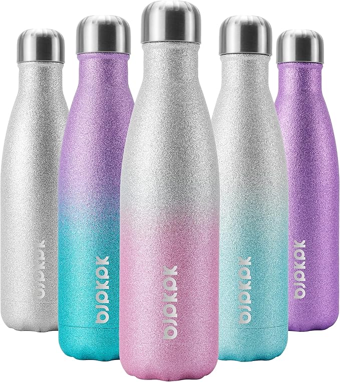 BJPKPK Insulated Water Bottles -17oz/500ml -Stainless Steel Water Bottles,Sports Water Bottles Keep Cold for 24 Hours and Hot for 12 Hours,BPA Free Water Bottle,Glitter Silver Pink