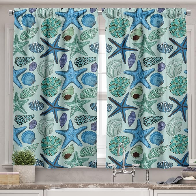 Ambesonne Starfish Valance & Tier Curtain 3 pcs Set, Aquarium Inspired Composition Tropical Seashells and Scallops Cockles and Clams, Window Treatments for Kitchen Room Decor, 55" x 30", Blue Seafoam