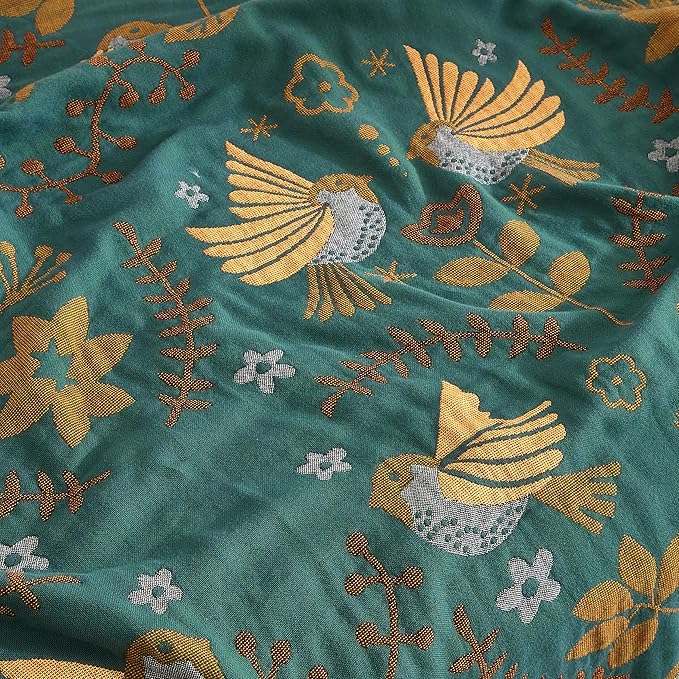 Boho Throw Blanket for Bed 80”x90”, 100% Cotton Woven Blanket for Couch Sofa, Ultra Soft 4-Layer Muslin Quilt with Bird Floral Printed, Farmhouse Bed Blanket/Cover for Living Room Decor