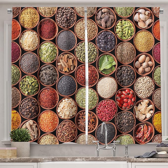 Ambesonne Retro Long Kitchen Curtains, Colorful Herbs and Spices Cardamom Pepper Chili Ginger Dill Natural Cuisine Print, Two Panels Drapes with Rod Pocket Room Decor, 55" x 45", Brown Yellow
