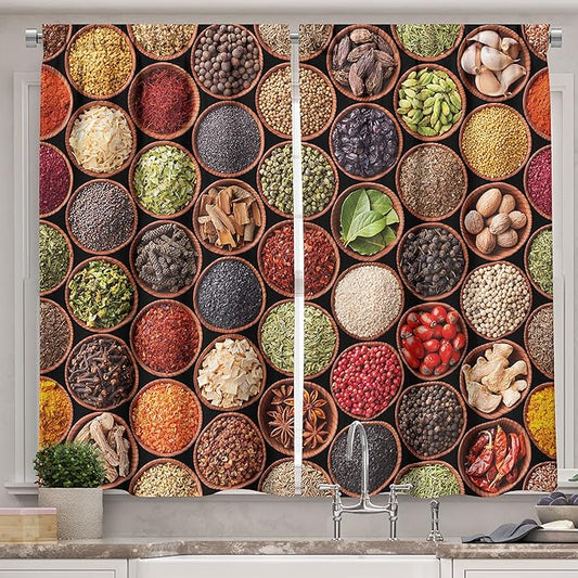 Ambesonne Retro Long Kitchen Curtains, Colorful Herbs and Spices Cardamom Pepper Chili Ginger Dill Natural Cuisine Print, Two Panels Drapes with Rod Pocket Room Decor, 55" x 45", Brown Yellow
