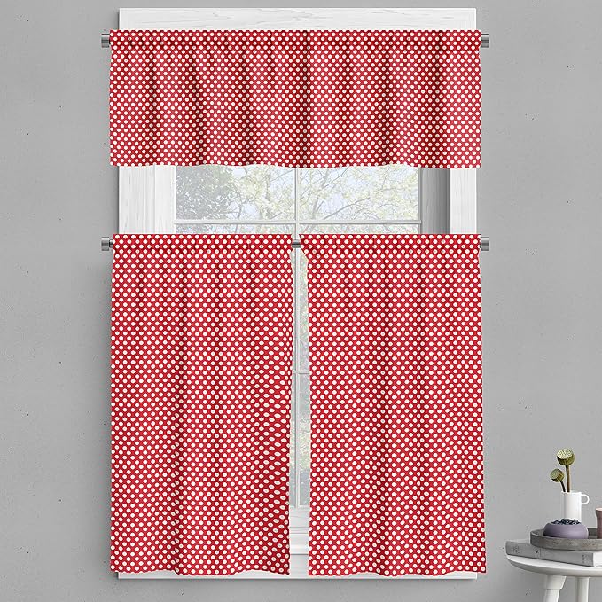 Ambesonne Retro Valance & Tier Curtain 3 pcs Set, 50s 60s Iconic Pop Art Style Big White Polka Dots Picnic Vintage Old Theme Image, Window Treatments for Kitchen Room Decor, 55" x 45", Vermilion White