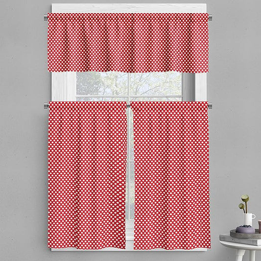 Ambesonne Retro Valance & Tier Curtain 3 pcs Set, 50s 60s Iconic Pop Art Style Big White Polka Dots Picnic Vintage Old Theme Image, Window Treatments for Kitchen Room Decor, 55" x 45", Vermilion White