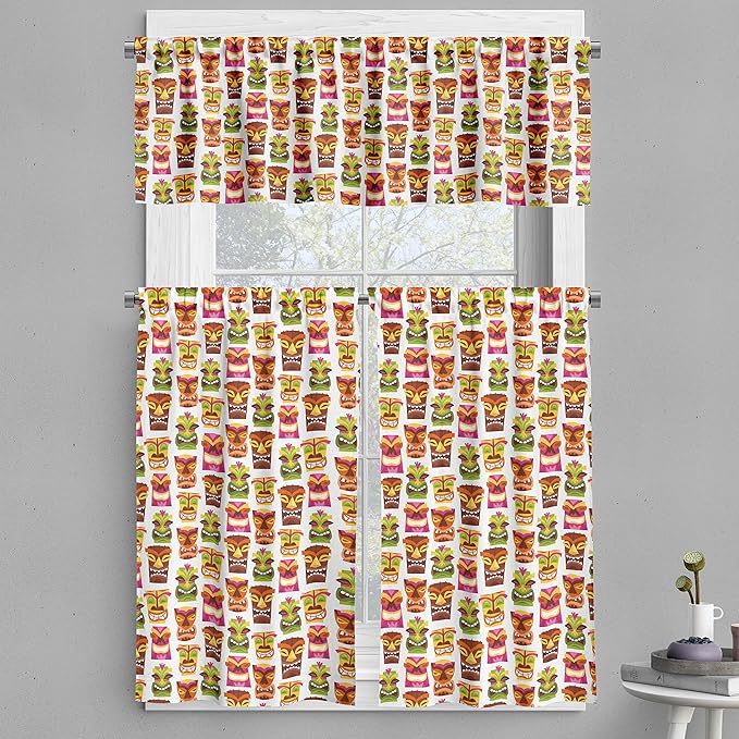Ambesonne Tiki Bar Valance & Tier Curtain 3 pcs Set, Sixties Retro Inspired Hawaiian Party Happy Tiki Pattern Colorful, Window Treatments for Kitchen Room Decor, 55" x 24", White Brown