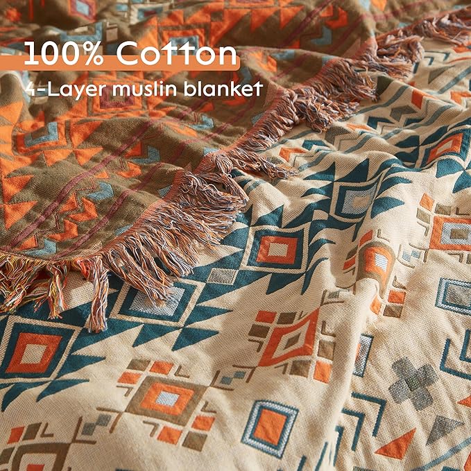 Boho Throw Blanket for Bed 90”x98”, 100% Cotton Woven Blanket for Couch Sofa, Ultra Soft 4-Layer Muslin Quilt with Diamond Pattern, Farmhouse Bed Blanket/Cover for Living Room Decor