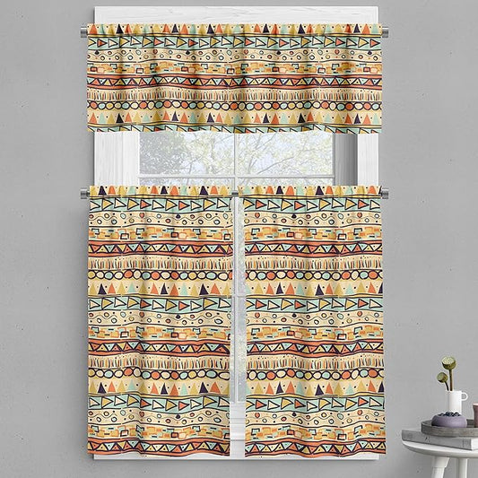 Ambesonne Prehistoric Valance & Tier Curtain 3 pcs Set, Mexican Style Doodles with Triangles Circles Folkloric Geometric Tribal, Window Treatments for Kitchen Room Decor, 55" x 36", Pastel Yellow