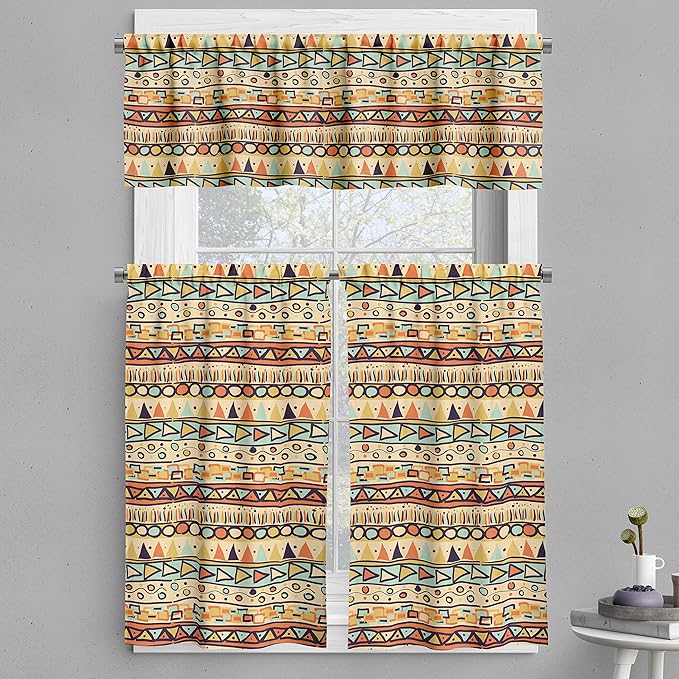 Ambesonne Prehistoric Valance & Tier Curtain 3 pcs Set, Mexican Style Doodles with Triangles Circles Folkloric Geometric Tribal, Window Treatments for Kitchen Room Decor, 55" x 30", Pastel Yellow