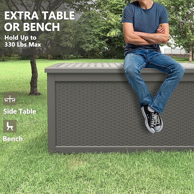 260 Gallon Resin Deck Box, Large Indoor and Outdoor Storage Box, Weatherproof and UV Resistant Outdoor Storage Box with Built-in Steel Beams for Patio Cushions, Pool Supplies