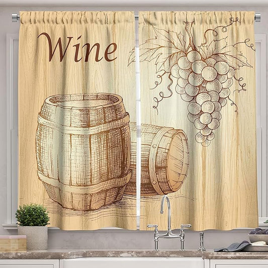 Ambesonne Wine Long Kitchen Curtains, Wooden Barrels and Bunch of Grapes on Wood Backdrop Botany Harvest Theme Artwork, Two Panels Drapes with Rod Pocket Room Decor, 55" x 45", Brown Peach