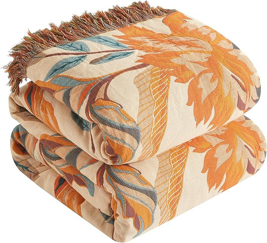 Boho Throw Blanket for Bed 90”x98”, 100% Cotton Woven Blanket for Couch Sofa, Ultra Soft 4-Layer Muslin Quilt with Floral Printed, Farmhouse Bed Blanket/Cover for Living Room Decor