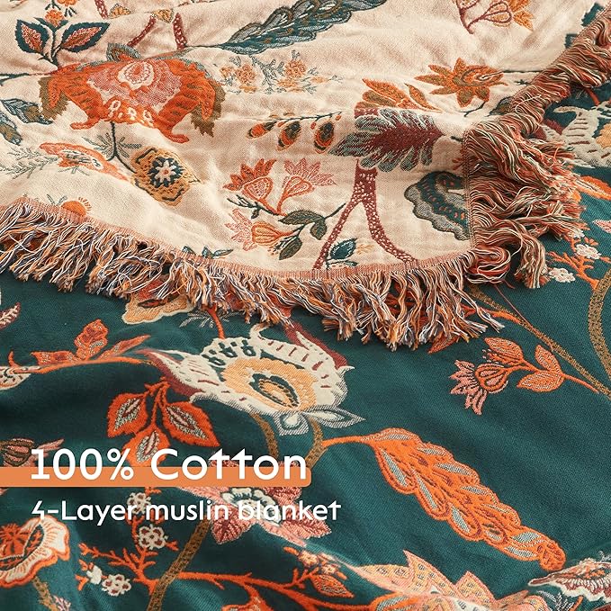 Boho Throw Blanket for Bed 90”x98”, 100% Cotton Woven Blanket for Couch Sofa, Ultra Soft 4-Layer Muslin Quilt with Floral Printed, Farmhouse Bed Blanket/Cover for Living Room Decor