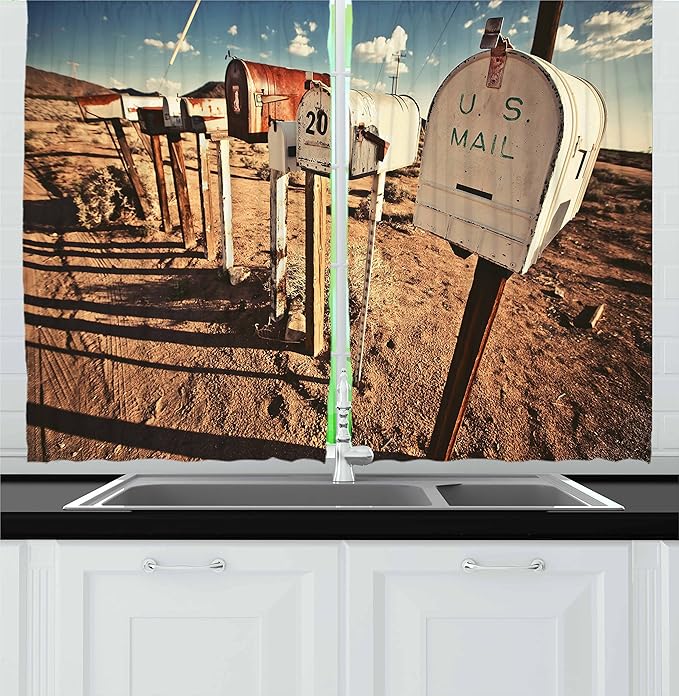 Ambesonne United States Kitchen Curtains, Old Mailboxes in West America Rural Rusty Landscape Grunge Countryside, Window Drapes 2 Panel Set for Kitchen Cafe Decor, 55" x 36", Brown Blue