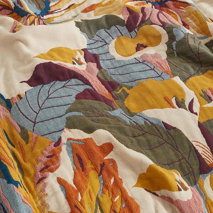 Boho Throw Blanket for Bed 80”x90”, 100% Cotton Woven Blanket for Couch Sofa, Ultra Soft 4-Layer Muslin Quilt with Vintage Floral Printed, Farmhouse Bed Blanket/Cover for Living Room Decor