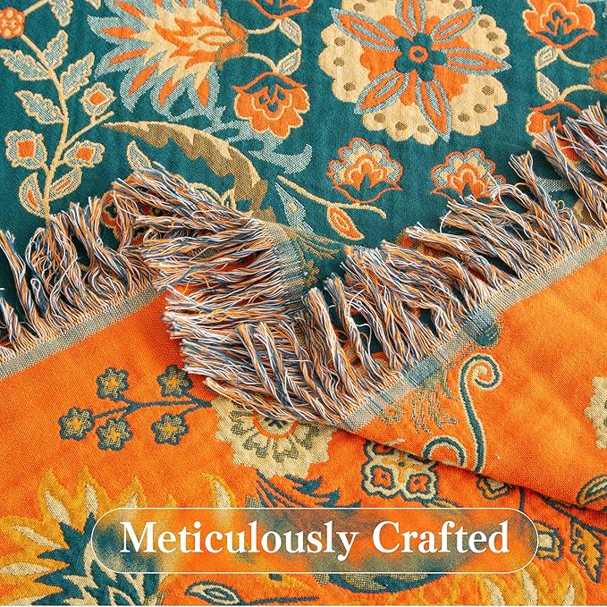 Boho Throw Blanket Full Size, Extra Large Soft Cozy Cotton Muslin Quilt Blanket for Bed Decor, Floral Patterned Couch Sofa Chair Cover, Vintage Farmhouse Cottage Woven Blanket, Orange&Green