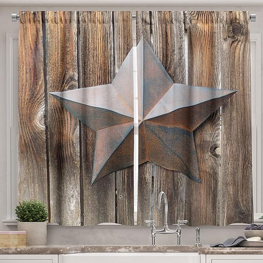 Ambesonne Prehistoric Country Long Kitchen Curtains, Antique Rusty Star on The Weathered Wooden Planks Vintage Retro Image, Two Panels Drapes with Rod Pocket Room Decor, 55" x 45", Brown Taupe