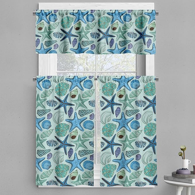 Ambesonne Starfish Valance & Tier Curtain 3 pcs Set, Aquarium Inspired Composition Tropical Seashells and Scallops Cockles and Clams, Window Treatments for Kitchen Room Decor, 55" x 30", Blue Seafoam