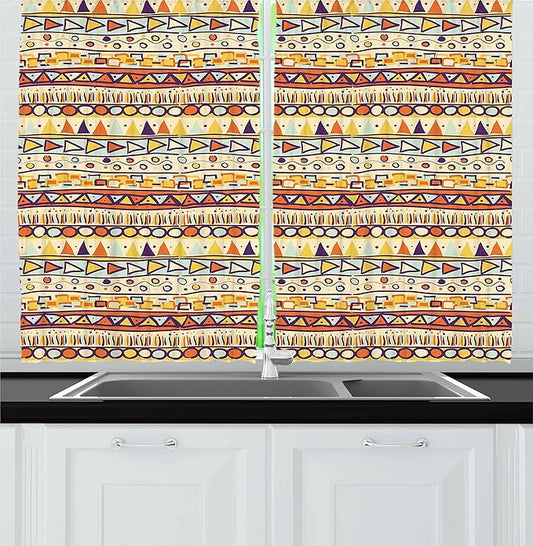 Ambesonne Prehistoric Kitchen Curtains, Mexican Style Doodles with Triangles Circles Folkloric Geometric Tribal, Window Drapes 2 Panel Set for Kitchen Cafe Decor, 55" x 24", Pastel Yellow