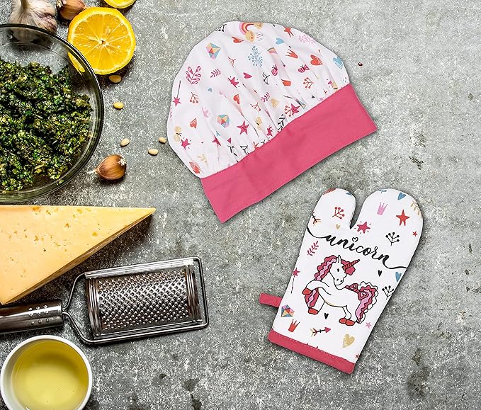 AMOUR INFINI 100% Cotton Unicorn 3-Piece Kitchen Set| Kid's Aprons, Oven Mitts, and Chef Hats|Kitchen Play,Cooking,Grilling,Baking,Thanksgiving,Christmas,Birthday Gift for Girls & Young Chefs