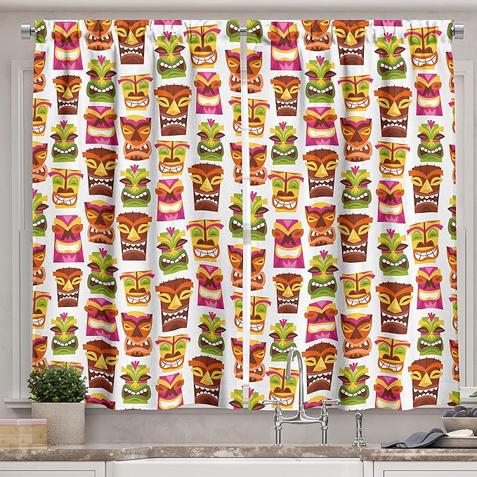 Ambesonne Tiki Bar Long Kitchen Curtains, Sixties Retro Inspired Hawaiian Party Happy Tiki Pattern Colorful, Two Panels Drapes with Rod Pocket Room Decor, 55" x 45", White Brown