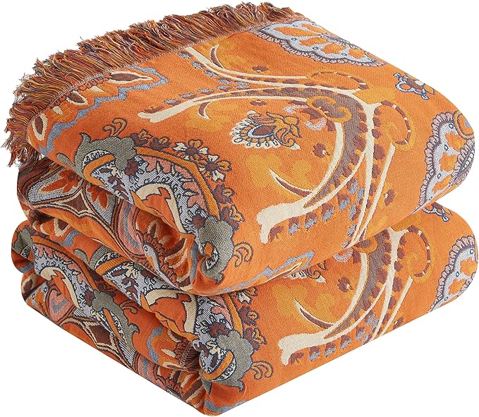 Boho Throw Blanket for Bed 80”x90”, 100% Cotton Woven Blanket for Couch Sofa, Ultra Soft 4-Layer Muslin Quilt with Vintage Floral Printed, Farmhouse Bed Blanket/Cover for Living Room Decor