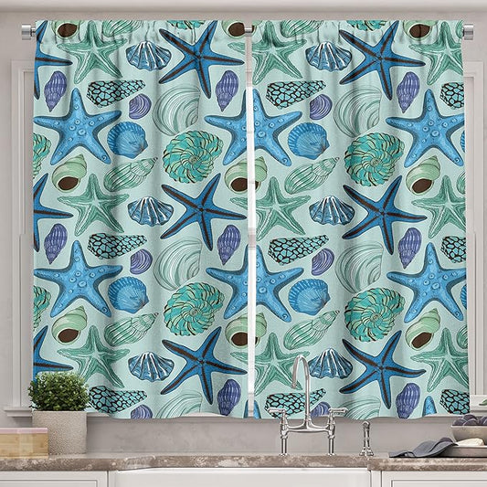 Ambesonne Starfish Kitchen Curtains, Aquarium Inspired Composition Tropical Seashells and Scallops Cockles and Clams, Window Drapes 2 Panel Set for Kitchen Cafe Decor, 55" x 39", Blue Seafoam