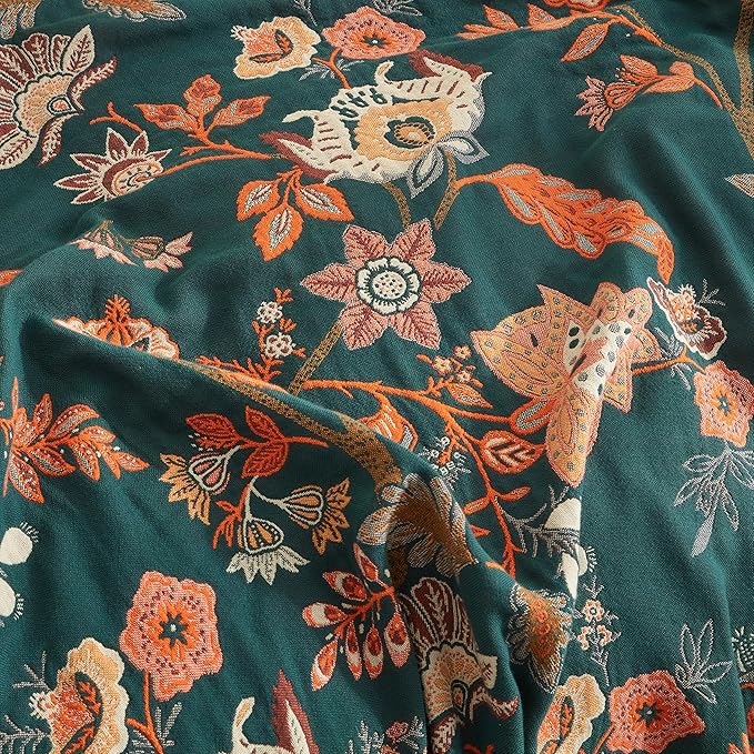 Boho Throw Blanket for Bed 80”x90”, 100% Cotton Woven Blanket for Couch Sofa, Ultra Soft 4-Layer Muslin Quilt with Floral Printed, Farmhouse Bed Blanket/Cover for Living Room Decor