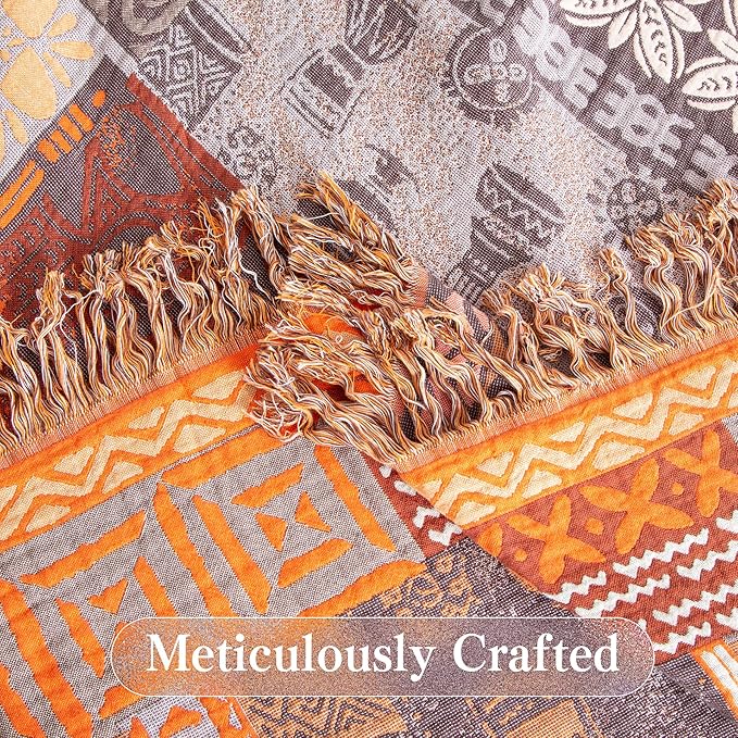 Boho Throw Blanket Twin Size, Soft Cozy Cotton Muslin Quilt Blanket for Bed Decor, Patchwork Block Couch Sofa Chair Cover, Vintage Farmhouse Cottage Tapestry Woven Blanket, Red&Orange