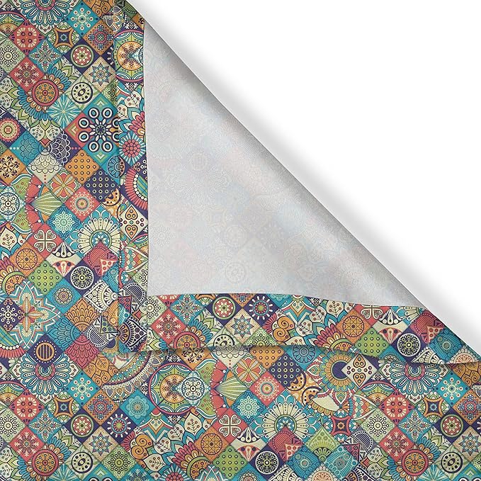 Ambesonne Bohemian Valance & Tier Curtain 3 pcs Set, Geometric Pattern Ornamental Floral Folk Art Abstract, Window Treatments for Kitchen Room Decor, 55" x 30", Blue Cream