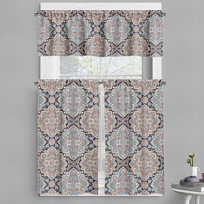 Ambesonne Ethnic Valance & Tier Curtain 3 pcs Set, Bohemian Style Motif Vintage Oriental Inspired Traditional Art, Window Treatments for Kitchen Room Decor, 55" x 45", Navy Teal