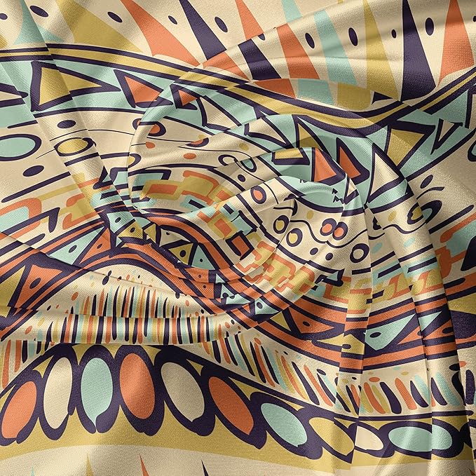 Ambesonne Prehistoric Valance & Tier Curtain 3 pcs Set, Mexican Style Doodles with Triangles Circles Folkloric Geometric Tribal, Window Treatments for Kitchen Room Decor, 55" x 30", Pastel Yellow