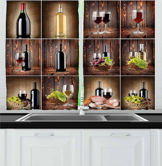 Ambesonne Wine Kitchen Curtains, Wine Themed Collage on Wooden Backdrop with Grapes and Meat Rustic Country Drink, Window Drapes 2 Panel Set for Kitchen Cafe Decor, 55" x 30", Brown Black