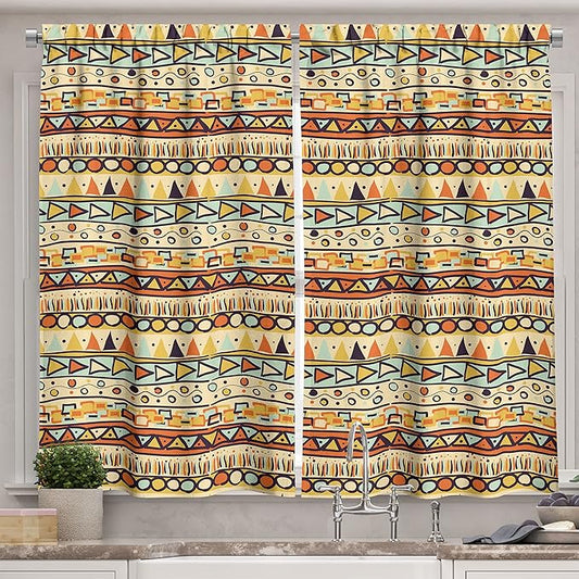 Ambesonne Prehistoric Long Kitchen Curtains, Mexican Style Doodles with Triangles Circles Folkloric Geometric Tribal, Two Panels Drapes with Rod Pocket Room Decor, 55" x 45", Pastel Yellow