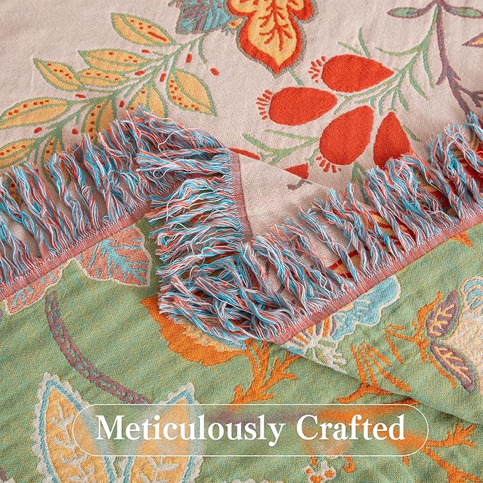 Boho Throw Blanket Full Size, Soft Cozy Cotton Muslin Quilt Blanket for Bed Decor, Floral Patterned Couch Sofa Chair Cover, Vintage Farmhouse Cottage Tapestry Woven Blanket, Coral&Green