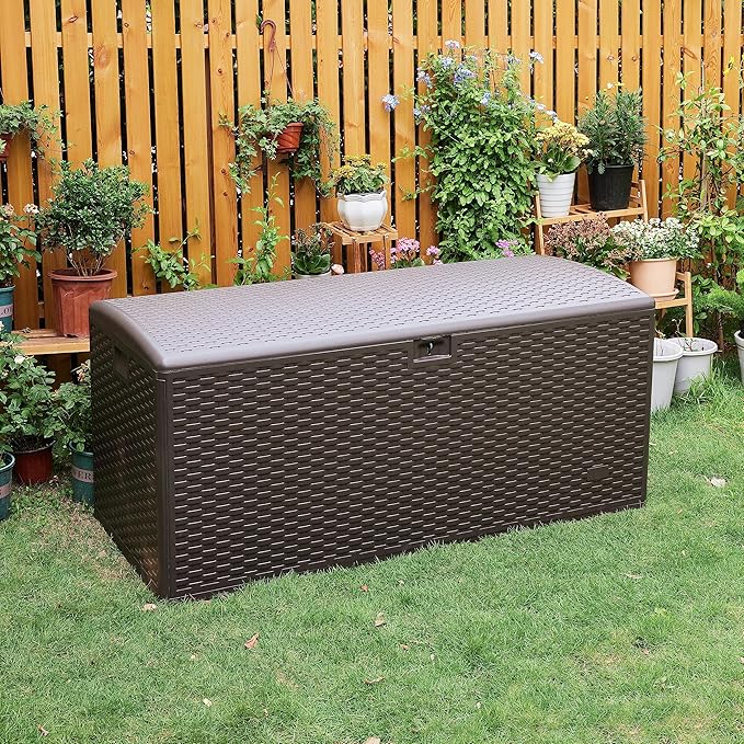 Amazon Basics Outdoor Patio Storage Box 150 Gallon Deck Box, Waterproof and Weather-resistant, Furniture Cushions Garden Tools, Brown